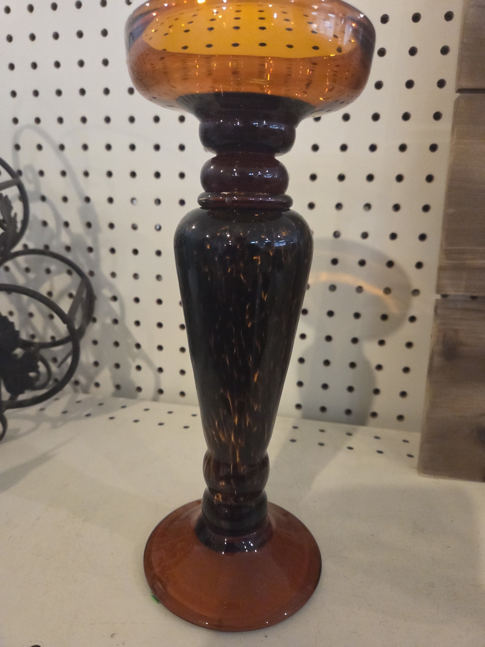 Murano style art glass candle holder in amber with a tortoise shell pattern